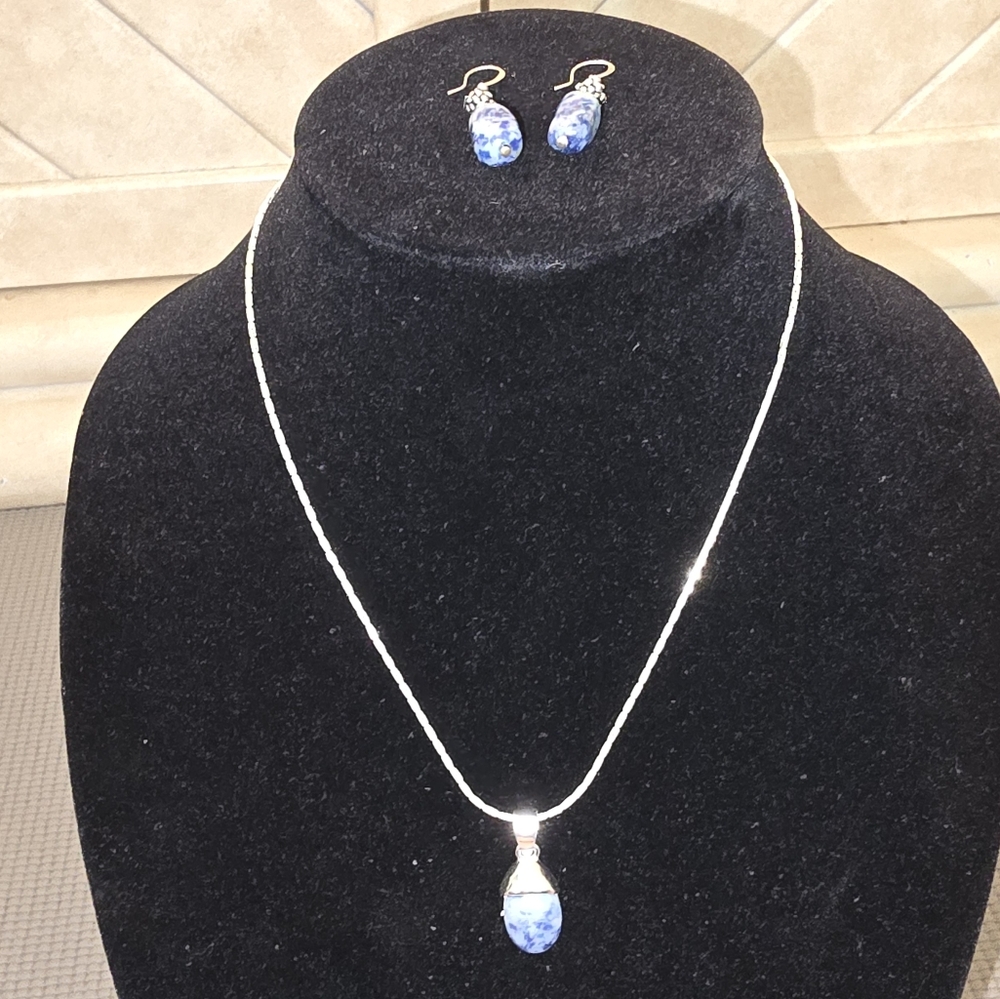 Blue Stone Pendant Necklace and Earring Set